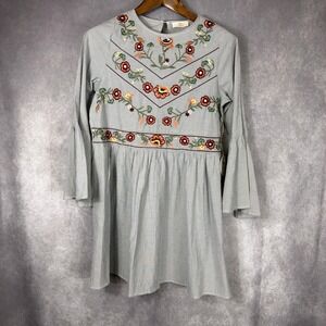 Hummingbird Dress Embroidered Floral Pinstripe Bell‎ Sleeve Mini Size M Blue